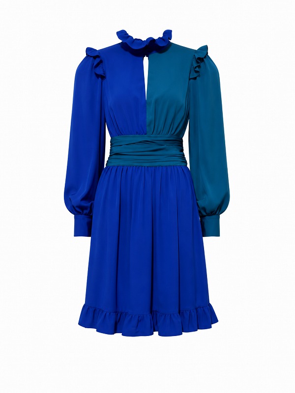 【新品DRESS 129】バイカラー切替バストカットフリルフレアミニドレス ブルー【MANGANO】